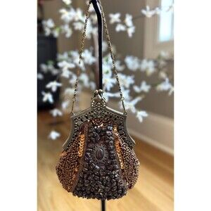 Vtg Women's Brown Stone Beaded Crossbody Strap Kiss Lock Clutch Evening Purse